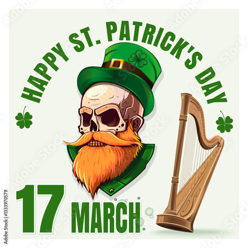 Illustration for St. Patrick's Day featuring a leprechaun skull with a red beard, green hat, shamrocks, and an Irish harp. A mix of gothic and festive elements celebrating Irish culture.