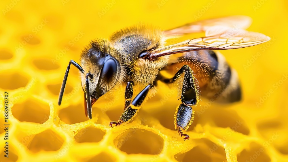World bee day with nature and sustainability idea. Close-up of a bee on a honeycomb background. World bee day with nature and sustainability idea. Close-up of a bee on a honeycomb background.