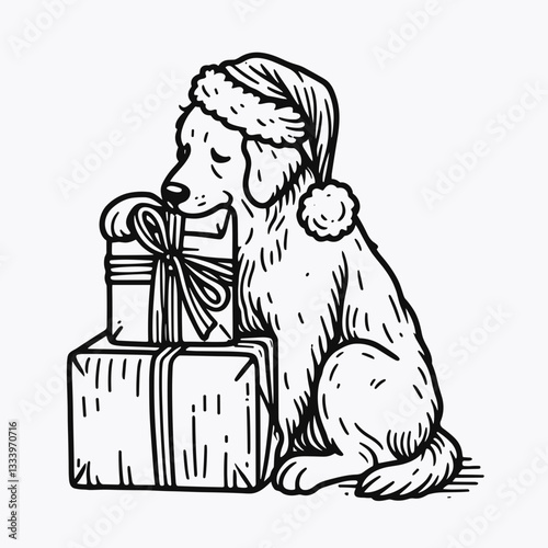 Golden Retriever Dog wearing a Santa hat caught in a Christmas tree a minimalist vector drawing of festive chaos