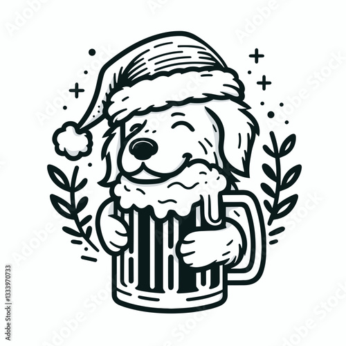 Golden Retriever Dog wearing a Santa hat carrying huge presents vector graphic of a happy pup delivering Christmas cheer