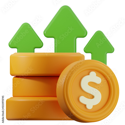 Stack of dollar coins increasing with upward green arrows on transparent background