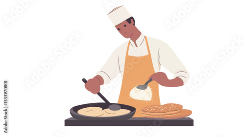 Illustration of a chef, depicted from the waist up, wearing a white chef's hat and a mustard yellow apron, actively engaged in cooking. The chef uses two spatulas to stir ingredients in a