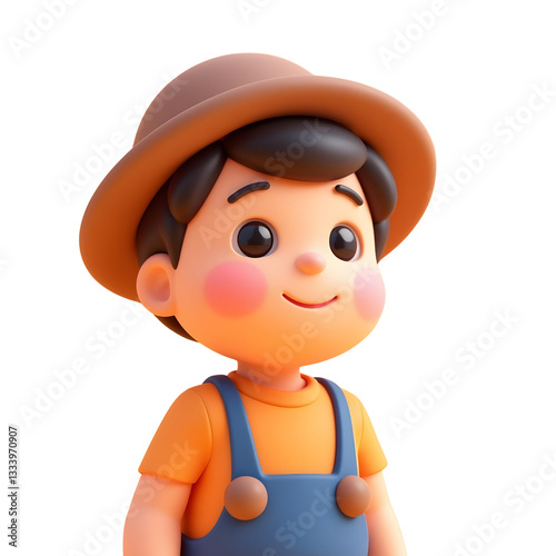 A caucasian boy, brown hair, wearing a yellow hat and blue overalls, isolated on white background
