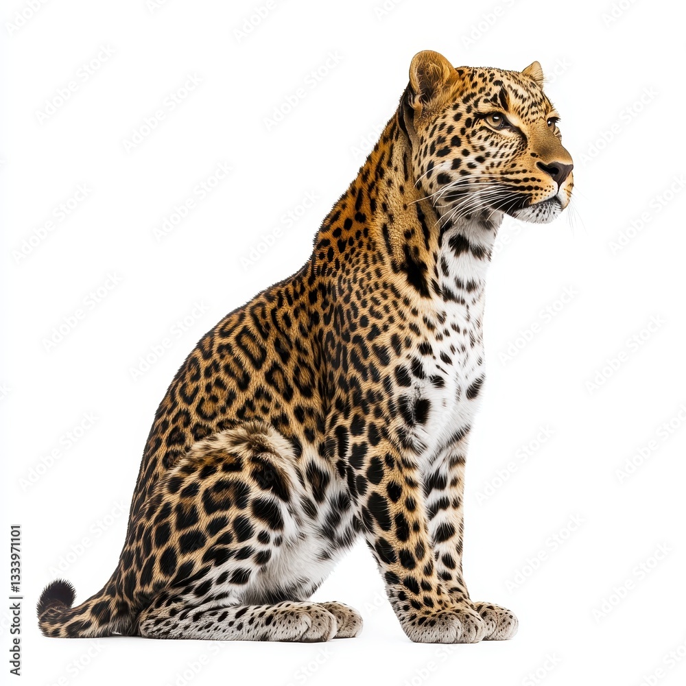 Majestic leopard sitting in profile showcasing stunning coat patterns and striking features against a clean white background for nature and wildlife enthusiasts Majestic leopard sitting in profile showcasing stunning coat patterns and striking features against a clean white background for nature and wildlife enthusiasts