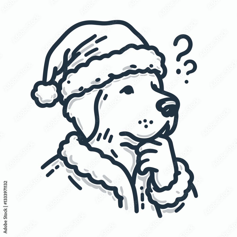 Golden Retriever Dog wearing Santa Claus costume tapping chin thoughtfully a minimalist vector drawing of festive canine contemplation Golden Retriever Dog wearing Santa Claus costume tapping chin thoughtfully a minimalist vector drawing of festive canine contemplation