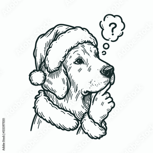 Golden Retriever Dog wearing Santa Claus costume tapping chin thinks deeply about Christmas treats a simple vector graphic