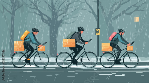 The illustration depicts three cyclists riding bicycles in a row along a city street during a heavy rain.  They are wearing jackets and carrying delivery bags or boxes on their bicycles. The scene