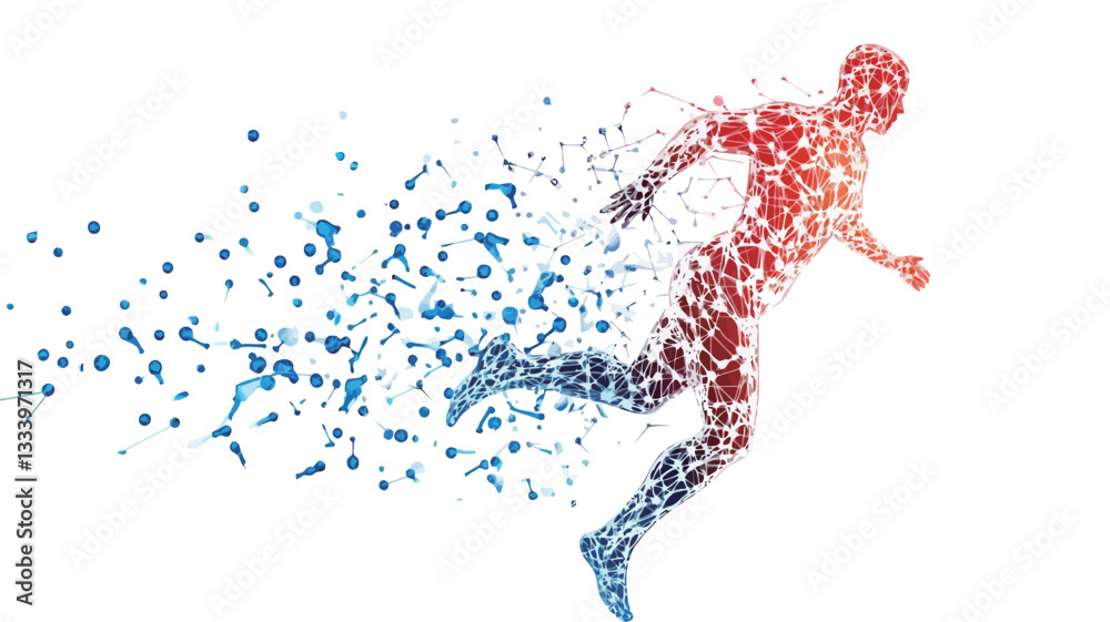 Fototapeta premium The image depicts a stylized, abstract silhouette of a running human figure against a white background. The figure is composed of fragmented, geometric shapes in shades of red, orange, and blue.