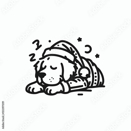 Golden Retriever Dog wear Santa Claus Costumes Sleeping peacefully a minimalist vector outline drawing