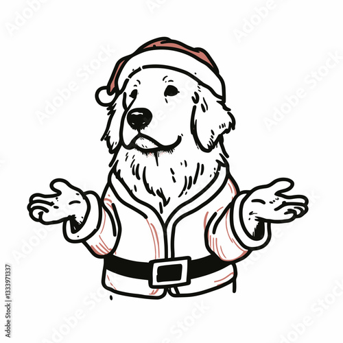 Golden Retriever Dog wear Santa Claus Costumes shrugging minimalist vector illustration of a festive pup