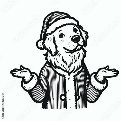 Golden Retriever Dog wear Santa Claus Costumes shrugging minimalist vector graphic of a cheerful pup in festive attire.