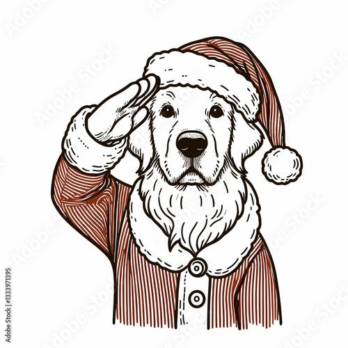 Golden Retriever Dog wearing Santa Claus costumes saluting a minimalist vector graphic illustration of festive cheer