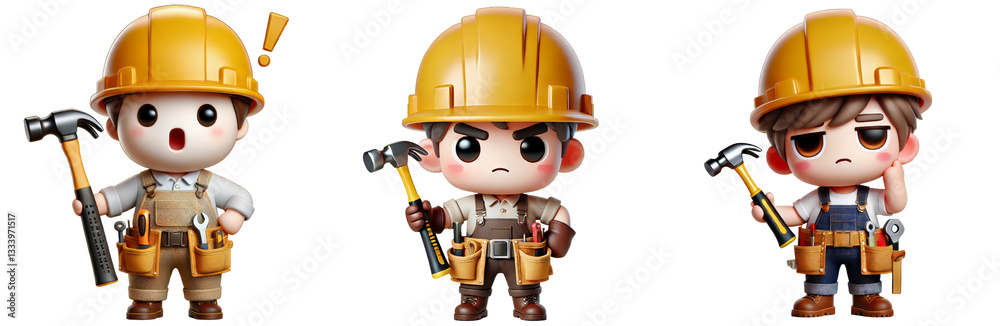 Three cartoon construction workers with helmets and tools, showcasing different expressions of surprise, determination, and contemplation Three cartoon construction workers with helmets and tools, showcasing different expressions of surprise, determination, and contemplation