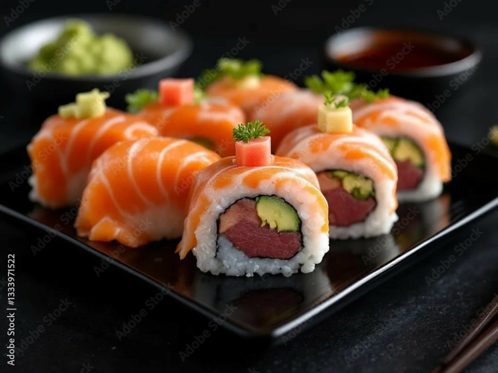 Exquisite Sushi Platter with Fresh Salmon and Tuna Rolls Exquisite Sushi Platter with Fresh Salmon and Tuna Rolls