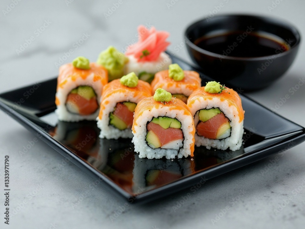 Exquisite Sushi Platter with Fresh Salmon and Tuna Rolls Exquisite Sushi Platter with Fresh Salmon and Tuna Rolls