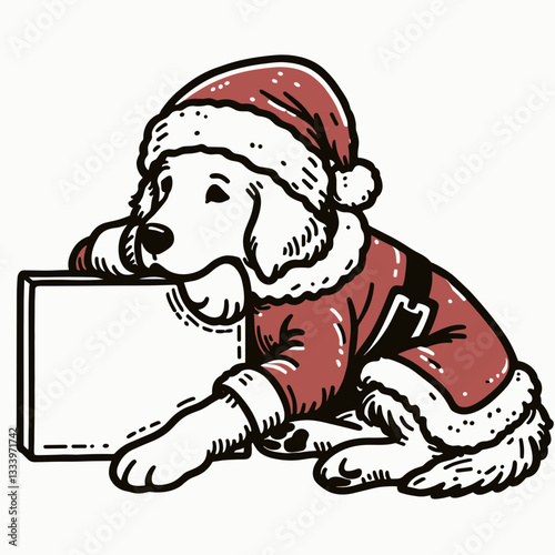 Golden Retriever Dog wearing Santa Claus costumes leaning on a Christmas tree a simple vector outline drawing