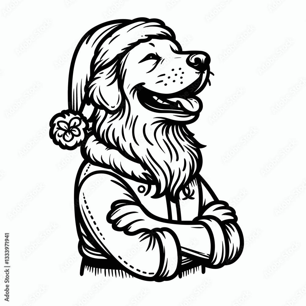 Obraz premium Golden Retriever Dog wearing Santa Claus costumes leaning forward a minimalist vector graphic illustration shows festive cheer