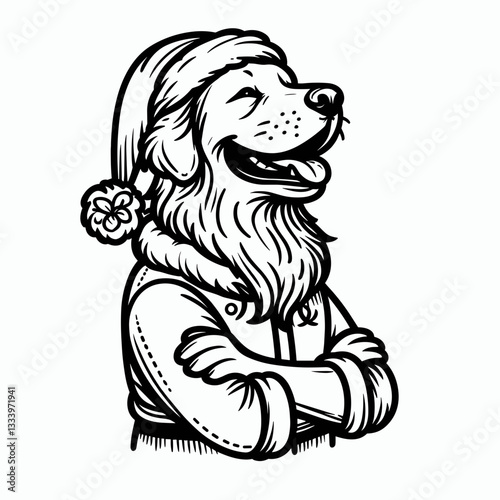 Golden Retriever Dog wearing Santa Claus costumes leaning forward a minimalist vector graphic illustration shows festive cheer