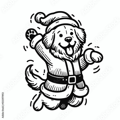 Golden Retriever Dog wearing Santa Claus costumes jumping with joy a minimalist vector graphic shows festive canine cheer