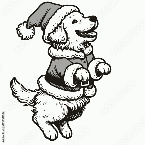 Golden Retriever Dog wearing Santa Claus costumes jumping with joy a minimalist vector graphic showing festive canine cheer