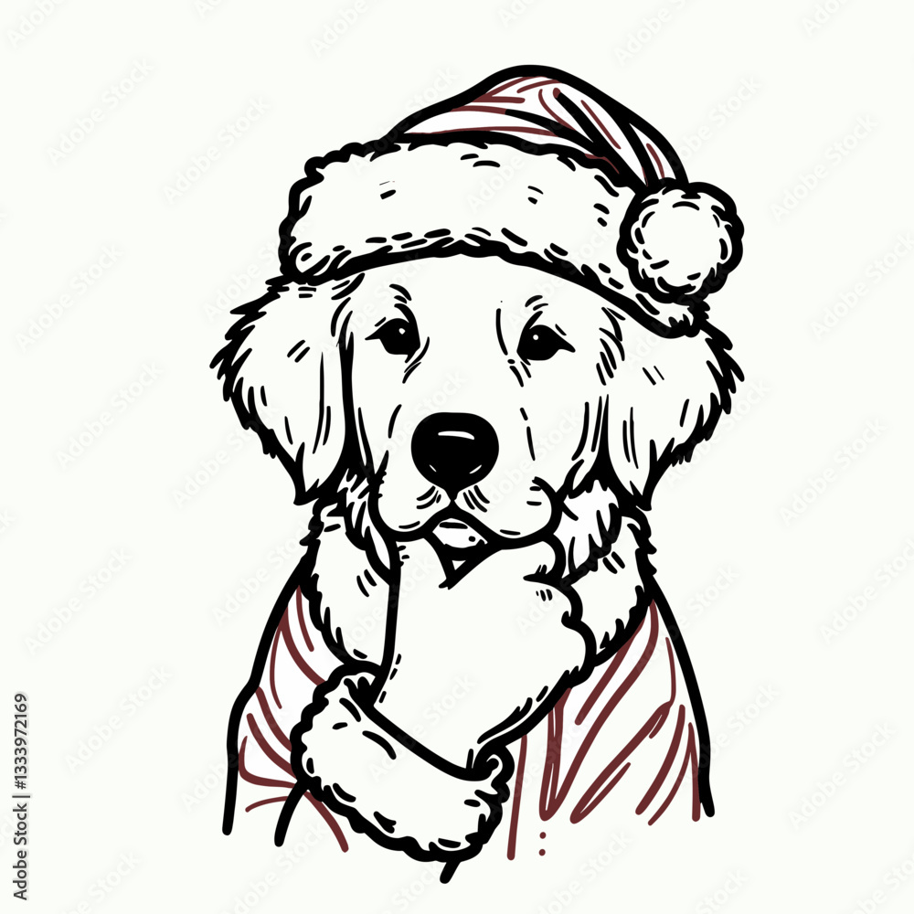 Fototapeta premium Golden Retriever Dog wearing Santa Claus costumes hand on chin curious vector graphic a heartwarming Christmas scene