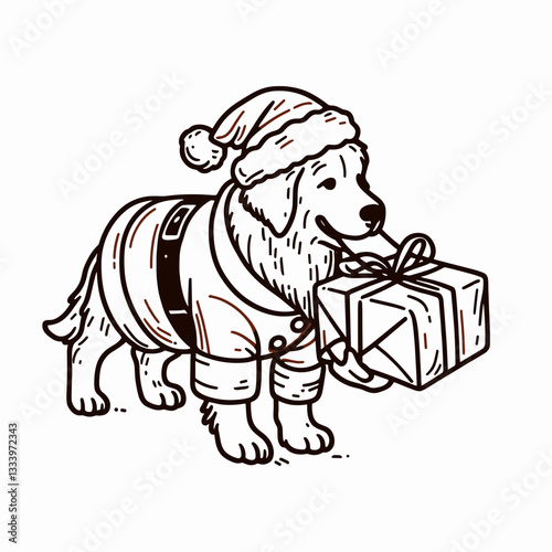 Golden Retriever Dog wearing Santa Claus costumes carrying a large object vector graphic simple minimalist silhouette festive Christmas gift