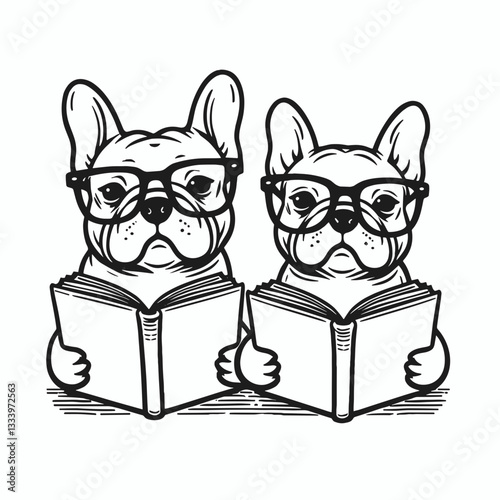 French Bulldog Couple wear glasses reading a book minimalist vector graphic illustration