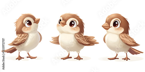 Cute cartoon sparrow character in three different poses isolated on white or transparent background