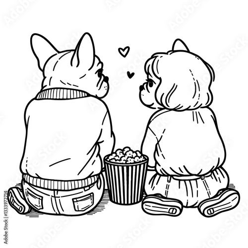 French Bulldog Couple watching a play minimalist vector graphic shows their adorable reaction to the performance