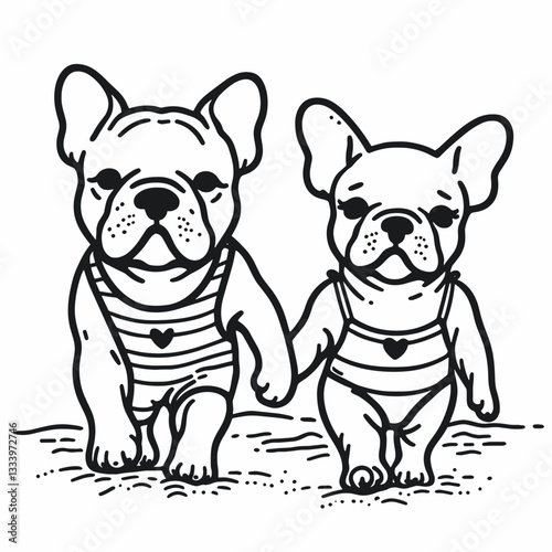 French Bulldog Couple walking on the beach silhouette a minimalist graphic simple summer stroll
