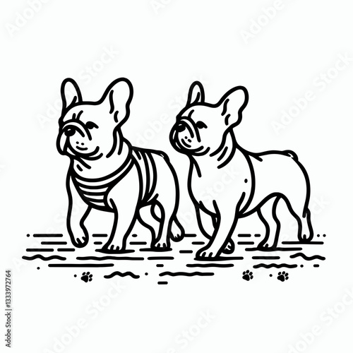 French Bulldog Couple walking on the beach a minimalist silhouette graphic depicts a loving canine pair strolling along the shore.