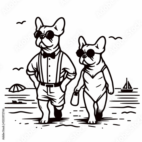 French Bulldog Couple walking on the beach a minimalist silhouette graphic depicts a joyful stroll