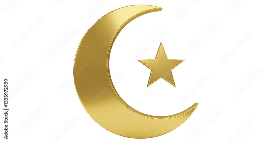 Isolated Golden Crescent Moon and Star Symbol for Islamic Culture Isolated Golden Crescent Moon and Star Symbol for Islamic Culture
