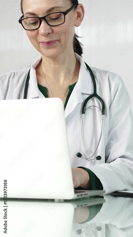 A female doctor in a green blouse under a medical coat is using technology in healthcare. Woman is typing on a laptop on a glass desk in the clinic, vertical portrait view. Medicine