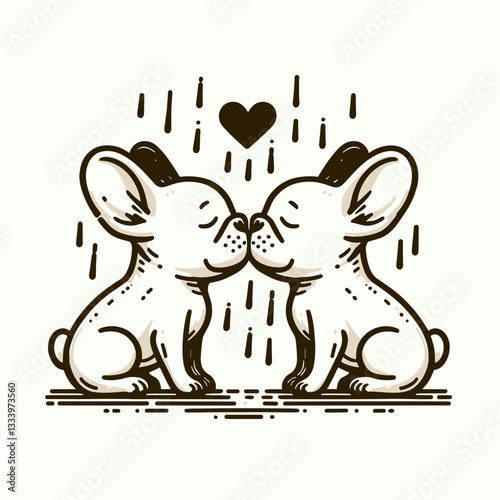 French Bulldog Couple sharing a kiss in the rain vector silhouette a romantic moment under the stormy sky