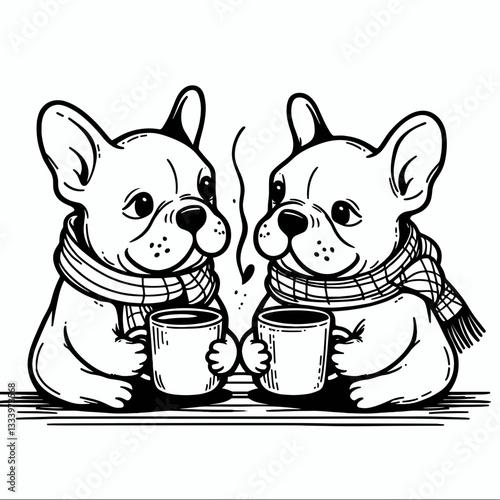 French Bulldog Couple sharing a warm drink vector silhouette: a cozy winter scene featuring loving pups enjoying hot cocoa.