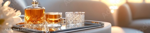 Elegant vintage home bar with crystal decanters and polished silverware on a stylish tray. Generative AI photo