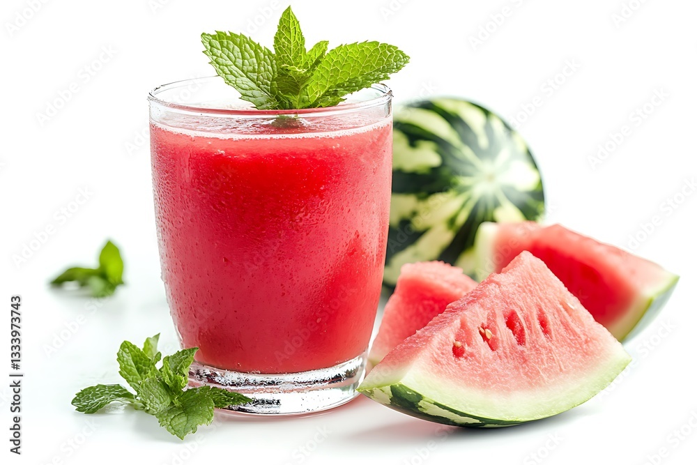 Watermelon juice in a glass with watermelons on a wooden table Watermelon juice in a glass with watermelons on a wooden table
