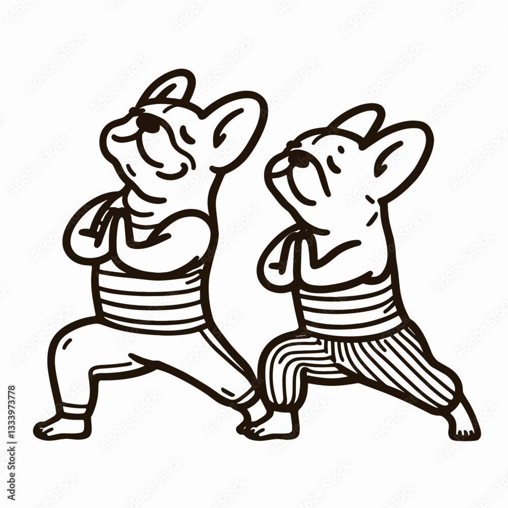 French Bulldog Couple practicing yoga together vector silhouette create a peaceful mindful pet wellness mascot
