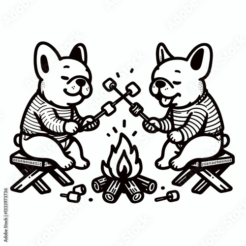 French Bulldog Couple roasting marshmallows vector silhouette—a cozy campfire scene featuring two adorable pups enjoying a sweet treat