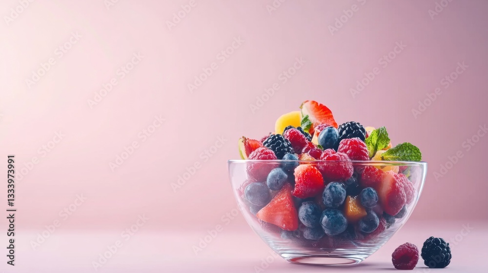 A colorful bowl brimming with fresh fruits, including berries and tropical pieces, set against a soft pastel backdrop, inviting healthy indulgence A colorful bowl brimming with fresh fruits, including berries and tropical pieces, set against a soft pastel backdrop, inviting healthy indulgence
