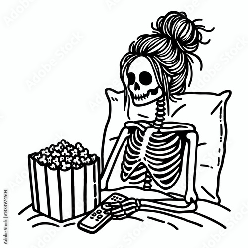 Female Skeleton messy bun watching a movie a spooky horror film in a dark room a vector silhouette