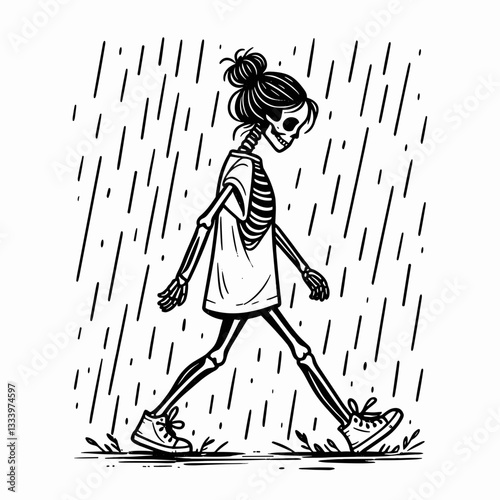 Female Skeleton messy bun walking in the rain a vector silhouette flat icon depicting a spectral stroll.