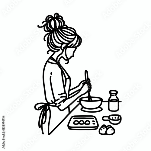 Female Skeleton messy bun taking a cooking class vector silhouette flat mascot—a bony chef learning culinary arts.