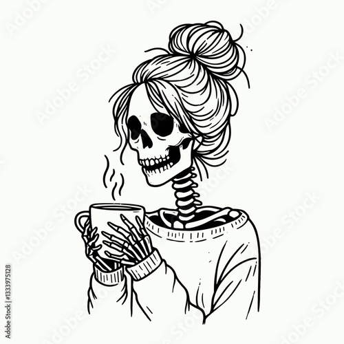 Female Skeleton messy bun sharing a warm drink vector silhouette—a cozy autumn scene depicts friendship beyond life.