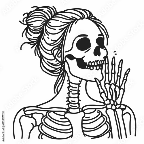 Female Skeleton messy bun sharing a secret vector silhouette whispers a clandestine tale of forgotten bones.