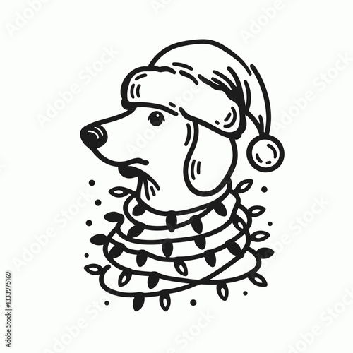 Dachshund Dog wearing a Santa hat wrapped in Christmas lights a festive vector mascot for holiday greetings