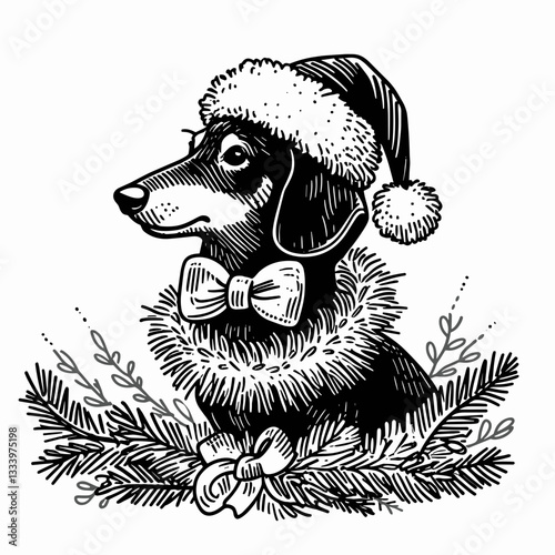Dachshund Dog wearing a Santa hat wrapped in tinsel vector mascot—a joyful holiday symbol for festive designs