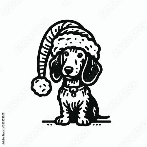 Dachshund dog wearing a giant Santa hat vector mascot, a joyful holiday symbol of festive cheer and winter spirit