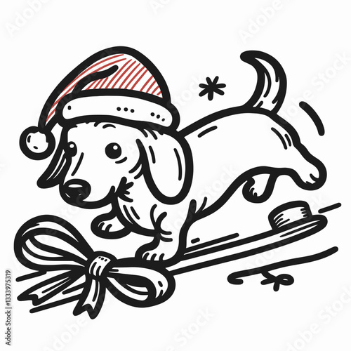 Dachshund dog wearing a Santa hat trips over Christmas ribbon a festive vector mascot symbol